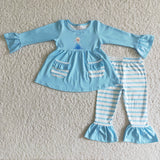 Promotional Cartoon Princess Pocket Sky Blue Stripes Girls Long Sleeve+Trousers Sets