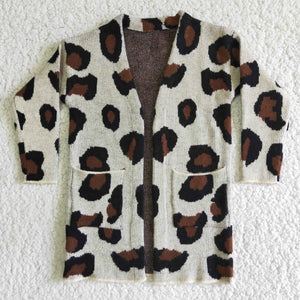 Leopard Print Pockets Girls Cardigan Sweaters