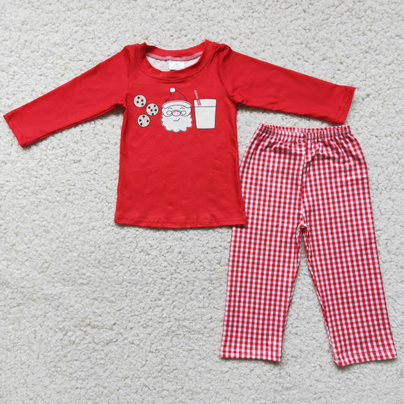 Promotional Santa Milk Cookies Red Plaid Boys Christmas Outfits