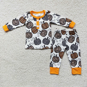 Promotional Plaid Pumpkin Orange White Boys Long Sleeve Pajamas