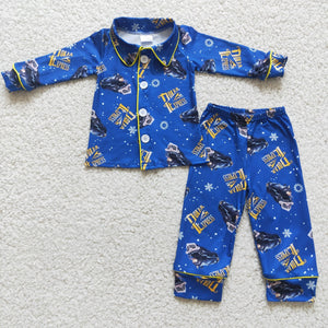 Cartoon Train Blue Collar Boys Christmas Pajamas