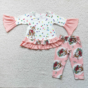 Promotional Reindeer Pink Legging Girls Christmas Outfits