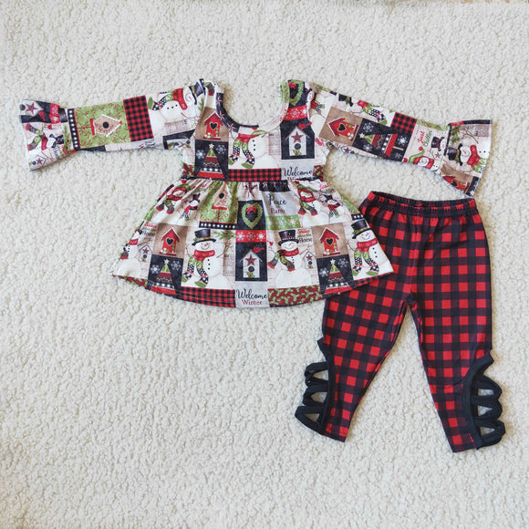 Promotional Snowman Plaid Legging Girls Christmas Outfits