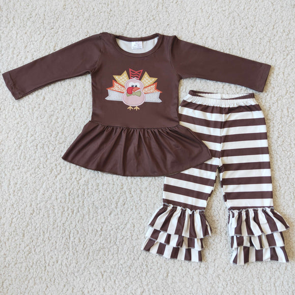 Promotional Turkey Brown Stripes Girls Thanksgiving Outfits