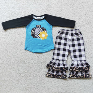 Promotional Pumpkin Floral Black Plaid Blue Girls Long Sleeve+Trousers Sets