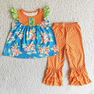 Promotional Floral Orange Girls Short Sleeve+Trousers Sets