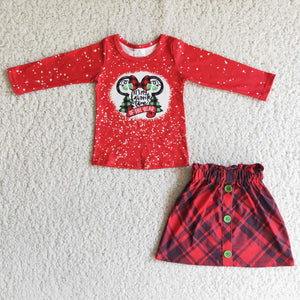 Promotional Cartoon Red Plaid Skirt Girls Christmas Outfits