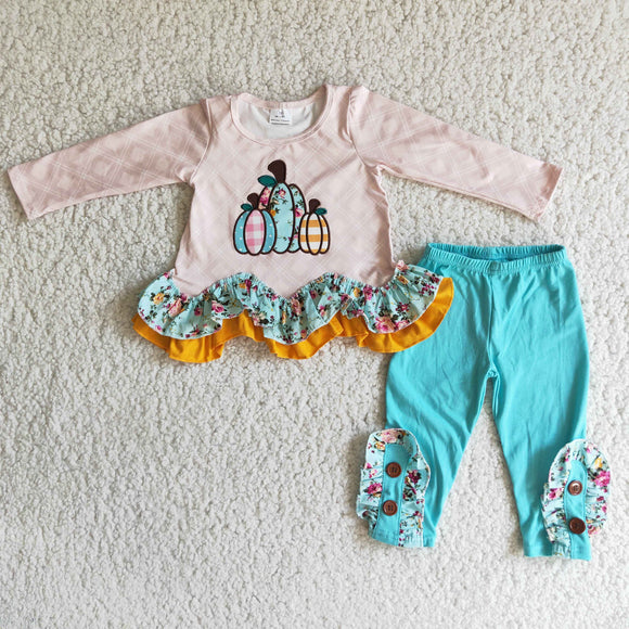 Three Pumpkins Embroidery Blue Girls Long Sleeve+Trousers Sets