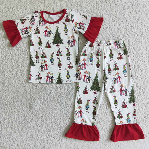 Promotional Cartoon White Red Short Sleeve Girls Christmas Pajamas