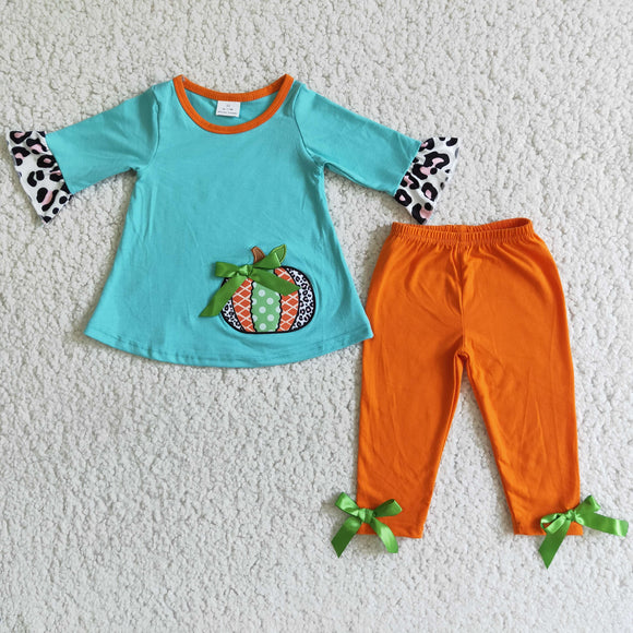 Promotional Pumpkin Embroidery Blue Orange Girls Short Sleeve+Trousers Sets