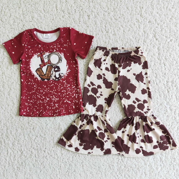 Promotional Love Cow Print Red Girls Short Sleeve+Trousers Sets