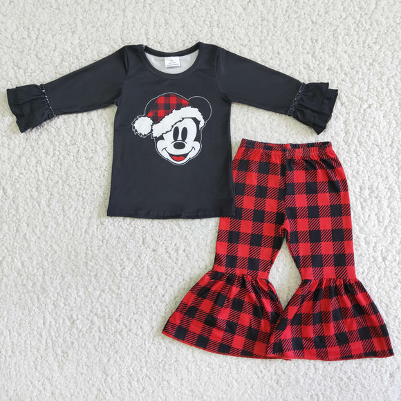 Promotional Cartoon Red Black Plaid Girls Christmas Outfits