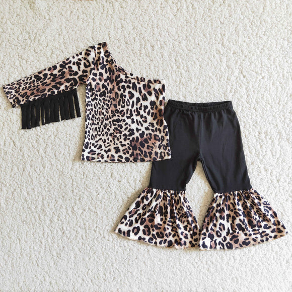 Promotional One Shoulder Tassels Leopard Print Girls Long Sleeve+Trousers Sets