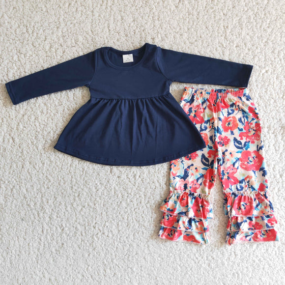 Promotional Solid Color Navy Floral Ruffles Girls Long Sleeve+Trousers Sets