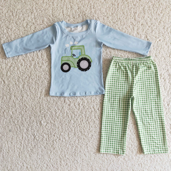 Promotional Tractor Green Plaid Sky Blue Boys Long Sleeve+Trousers Sets