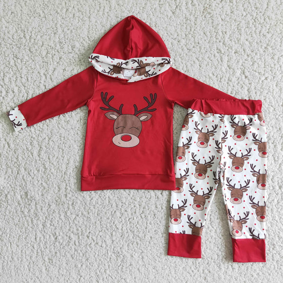 Promotional Reindeer Red Hoodie Sets Boys Christmas Outfits