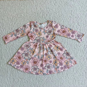 Promotional Floral Pink Girls Long Sleeve Dress