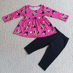 Promotional Cartoon Hot Pink Legging Girls Long Sleeve+Trousers Sets