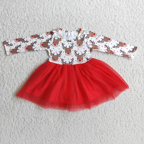 Promotional Reindeer Red Gauze Girls Christmas Dress