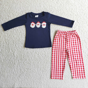 Promotional Santa Embroidery Red Plaid Navy Boys Christmas Outfits