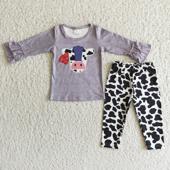 Promotional Gray Cow Print Legging Girls Long Sleeve+Trousers Sets