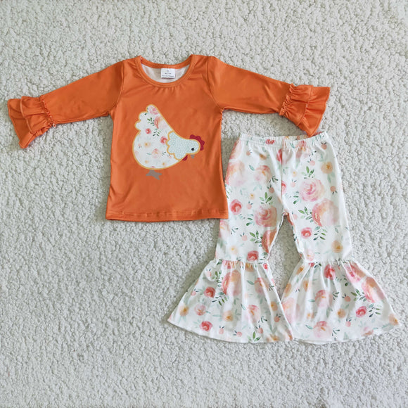 Promotional Chicken Floral Orange Girls Long Sleeve+Trousers Sets