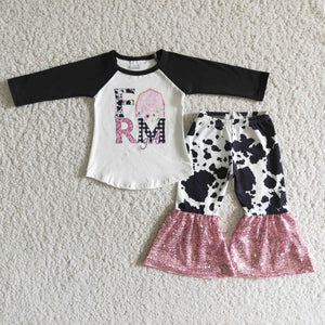 Promotional Farm Sequin Cow Print Girls Long Sleeve+Trousers Sets