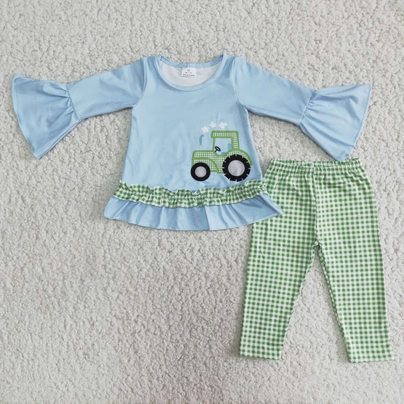 Promotional Green Plaid Truck Girls Long Sleeve+Trousers Sets