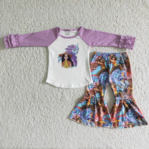 Promotional Cartoon Purple Ruffles Girls Long Sleeve+Trousers Sets