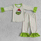 Cartoon Polka Dots Green Girls Christmas Pajamas