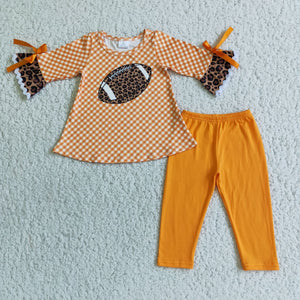 Promotional Football Plaid Orange Legging Girls Long Sleeve+Trousers Sets