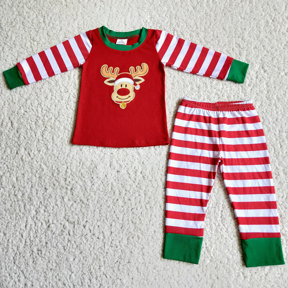 Promotional Reindeer Embroidery Red White Stripes Boys Christmas Pajamas