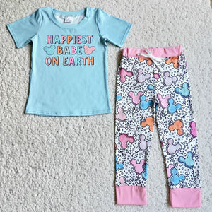 Promotional Cartoon Sky Blue Girls Short Sleeve+Trousers Sets