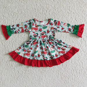 Promotional Cartoon Dogs Red Ruffles Girls Christmas Dress