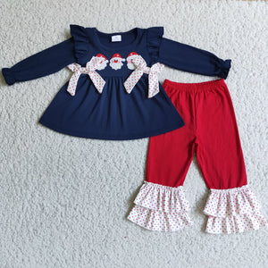 Santa Embroidery Bows Girls Christmas Outfits