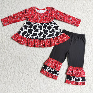 Promotional Cow Print Red Girls Long Sleeve+Trousers Sets