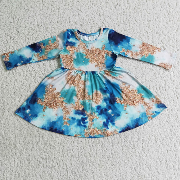 Promotional Blue Gold Tie Dye Twirl Girls Long Sleeve Dress