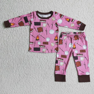 Promotional Fire Food Pink Girls Long Sleeve Pajamas