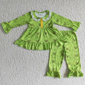 Cartoon Smile Green Collar Lace Girls Christmas Pajamas