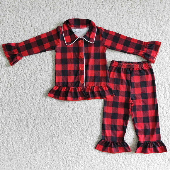 Red Black Plaid Collar Girls Christmas Pajamas