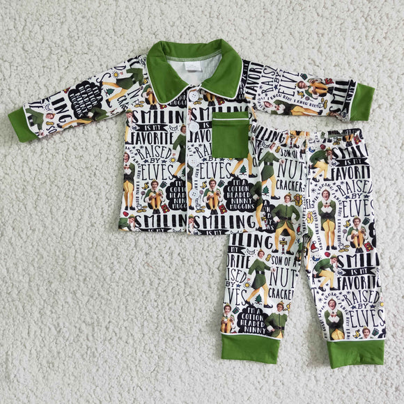 Cartoon Green Pocket Boys Christmas Pajamas