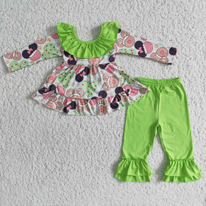 Promotional Cartoon Green Big Bow Girls Christmas Outfits