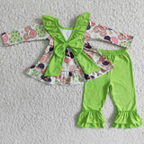 Promotional Cartoon Green Big Bow Girls Christmas Outfits
