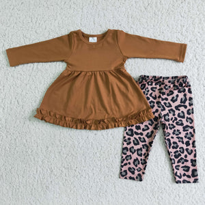 Promotional Solid Brown Leopard Print Legging Girls Long Sleeve+Trousers Sets