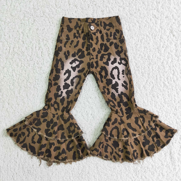 Leopard Print Bleached Flared Girls Jeans Pants