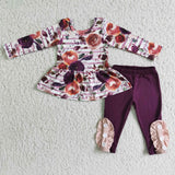 Promotional Floral Purple Legging Girls Long Sleeve+Trousers Sets