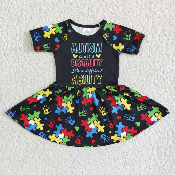 Promotional Autism Letters Black Girls Short Sleeve Dress