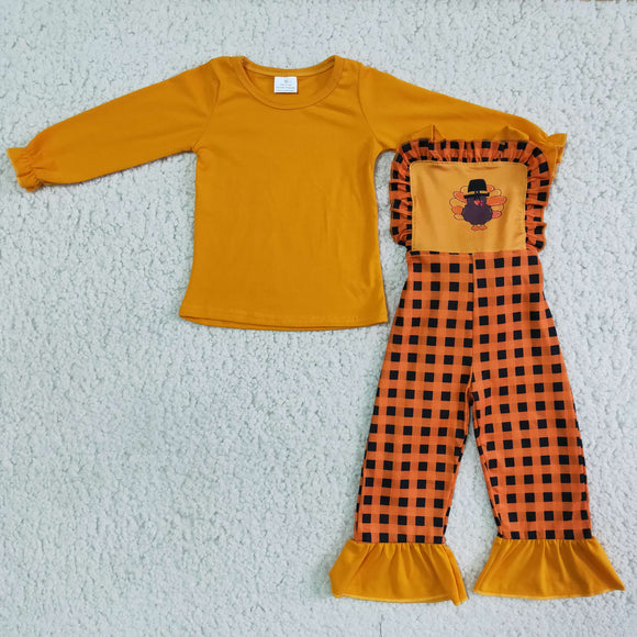 Turkey Plaid Suspender Pants Overalls Sets Girls Thanksgiving Outfits