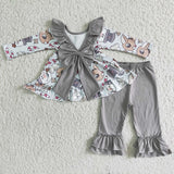 Promotional Reindeer Gray Big Bow Girls Christmas Outfits