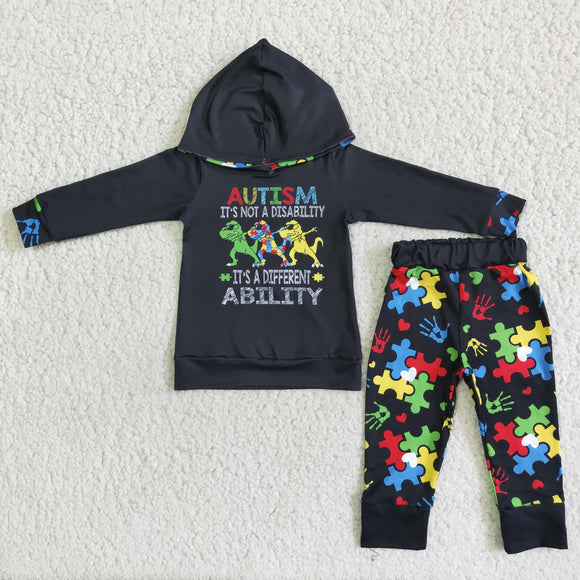 Cartoon Dinosaur Black Boys Fall Hoodie Sets